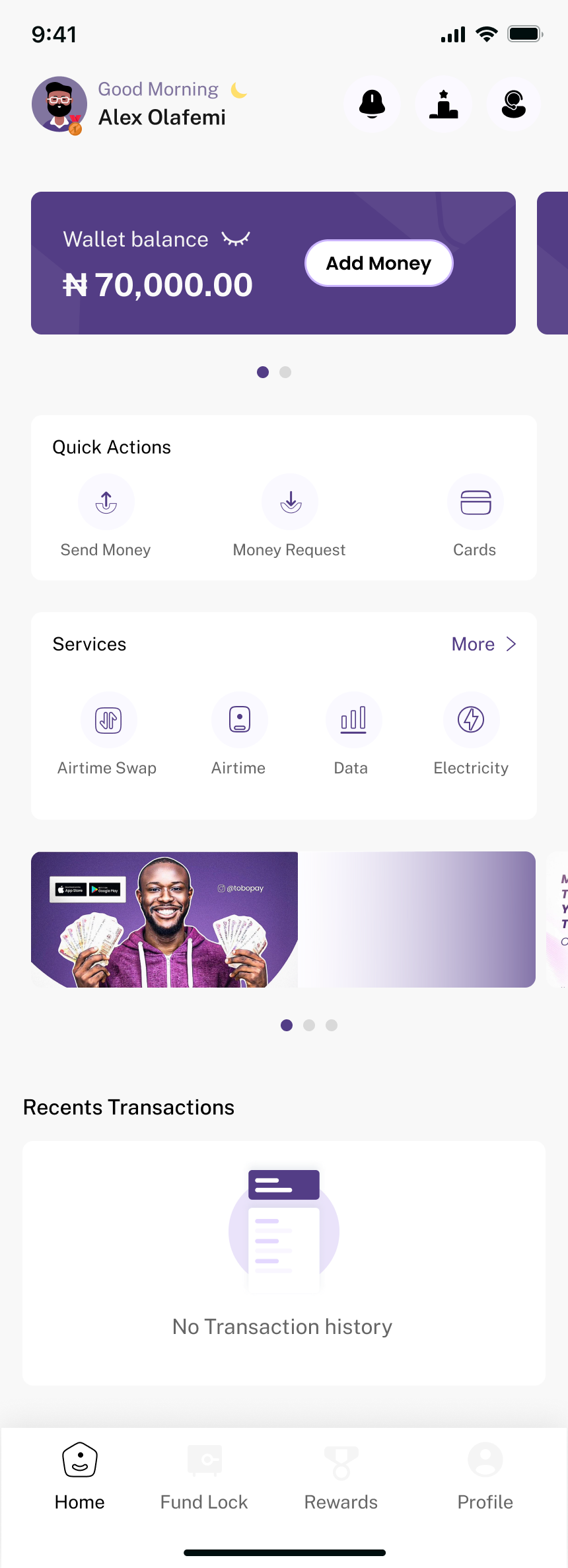 Tobopay app dashboard with wallet balance, quick actions, and services