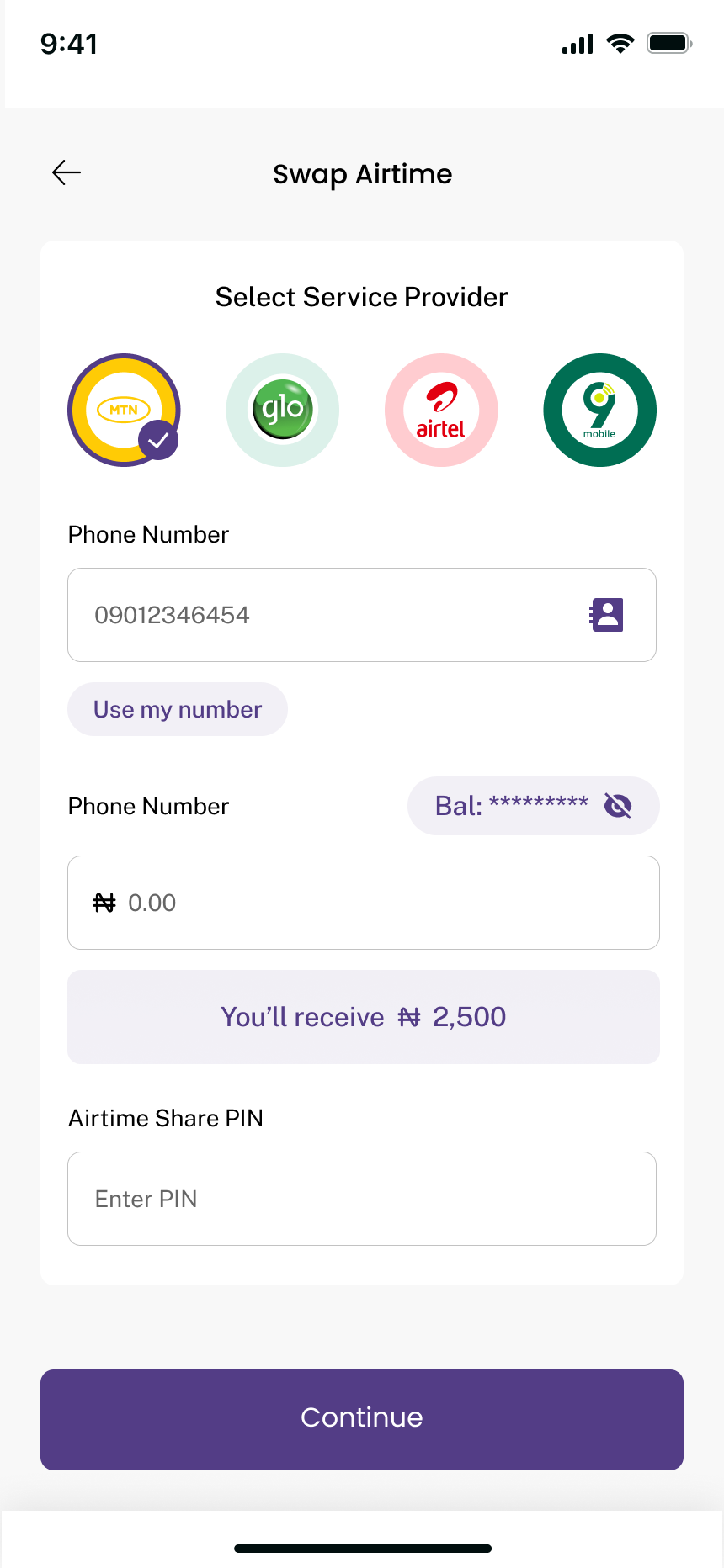 Tobopay Swap Airtime screen for converting airtime to cash