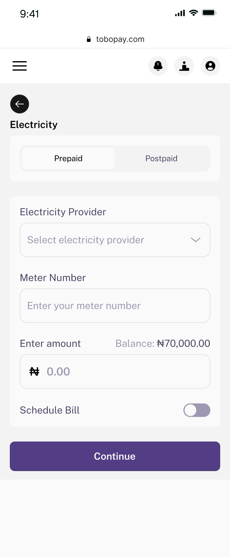 Tobopay electricity bill payment screen