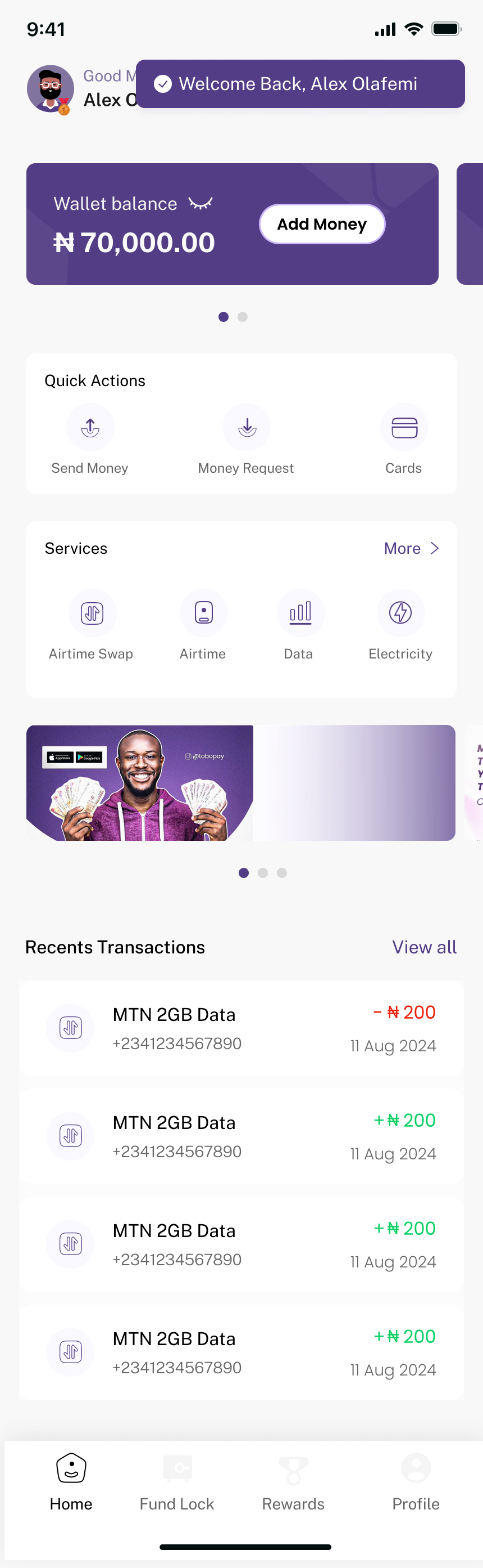 Tobopay wallet screen with balance and quick actions